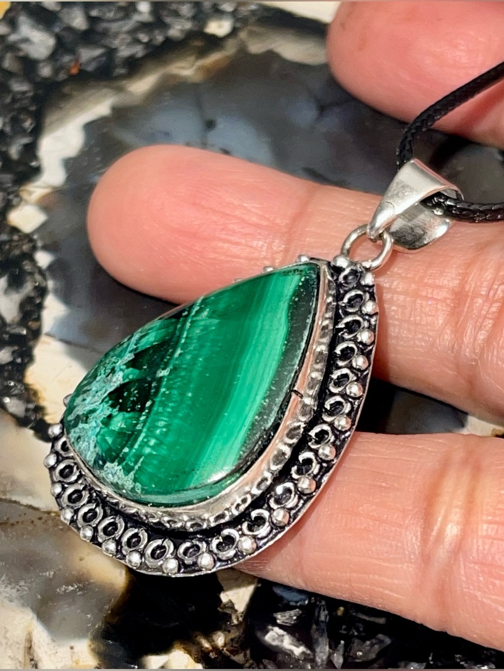 Dainty Green Malachite Pendant 1 7/8”